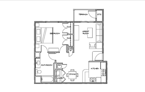 Floor plan for 1 bed, 1 bath, 768 sqft